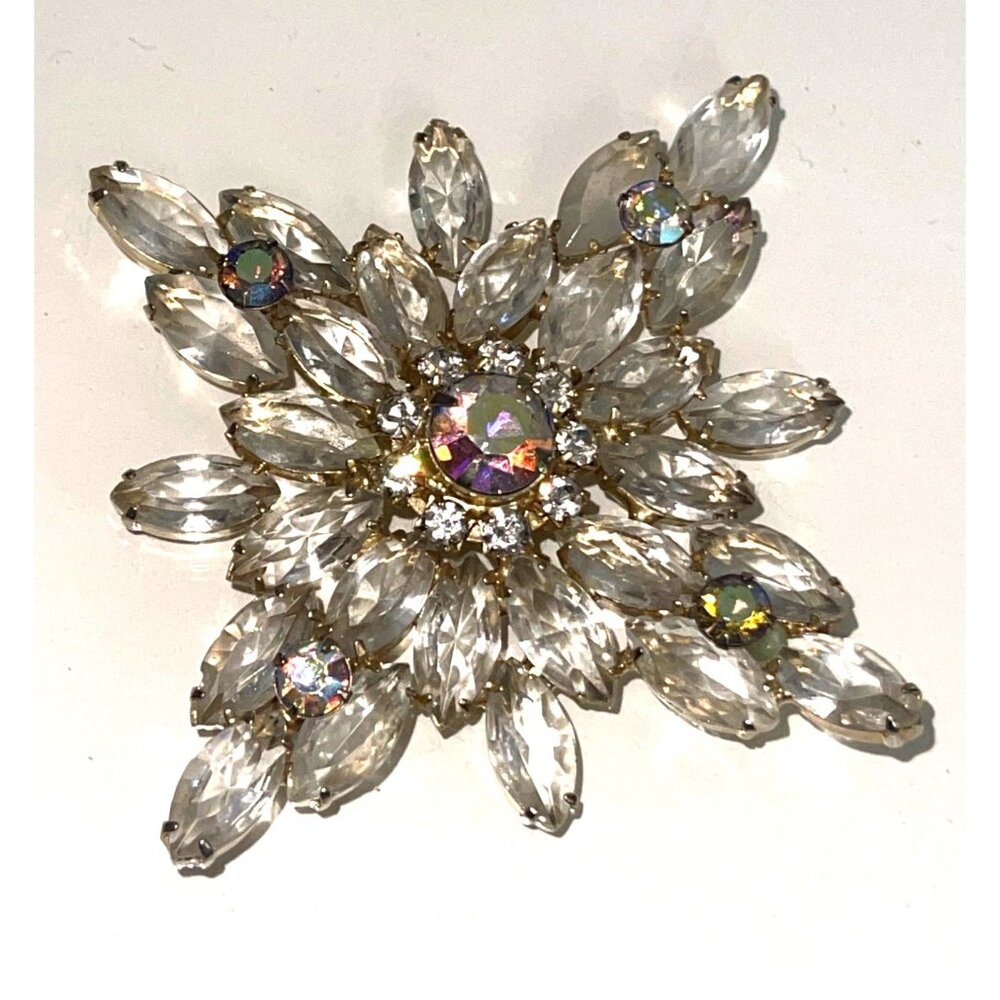 Massive Statement Colorless Rhinestone Crystal AB Brooch Vintage Jewelry Bridal - Picture 5 of 9